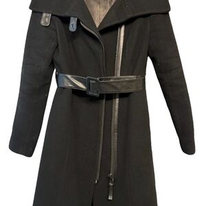Mackage Black Trench Coat with Belted Waist and Prominent Collars